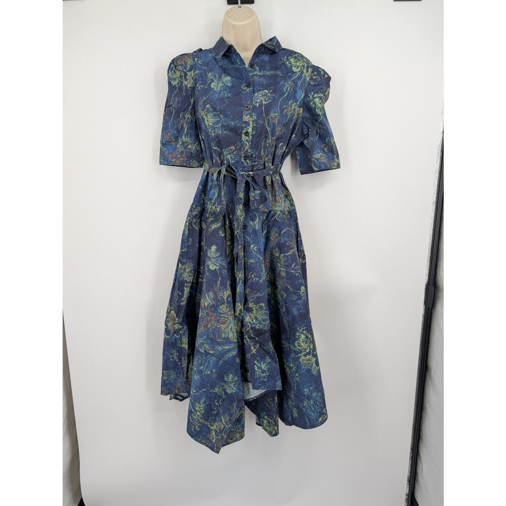 NWT Gary Graham 422 Amanda Dress Midi Indigo Floral Pockets Cotton Dark Romantic